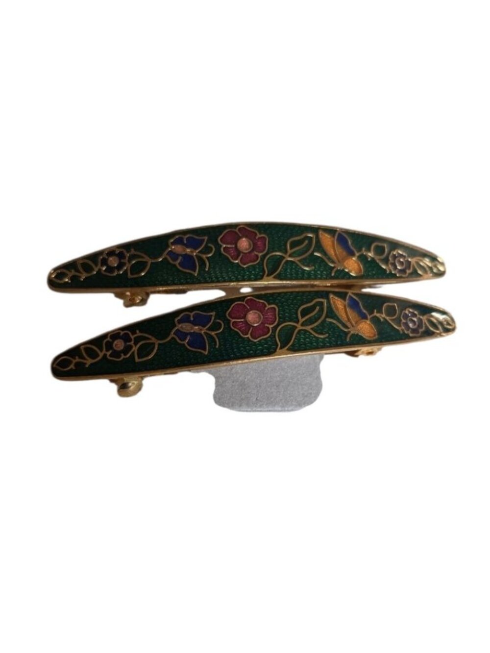 Vintage Cloisonné Hair Barrette Clip Gree Floral Enamel Ornate Set Of 2